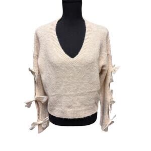 May Berries Three Dimensional Bow Sweater Size S Cream V Neck Long Sleeves Cozy